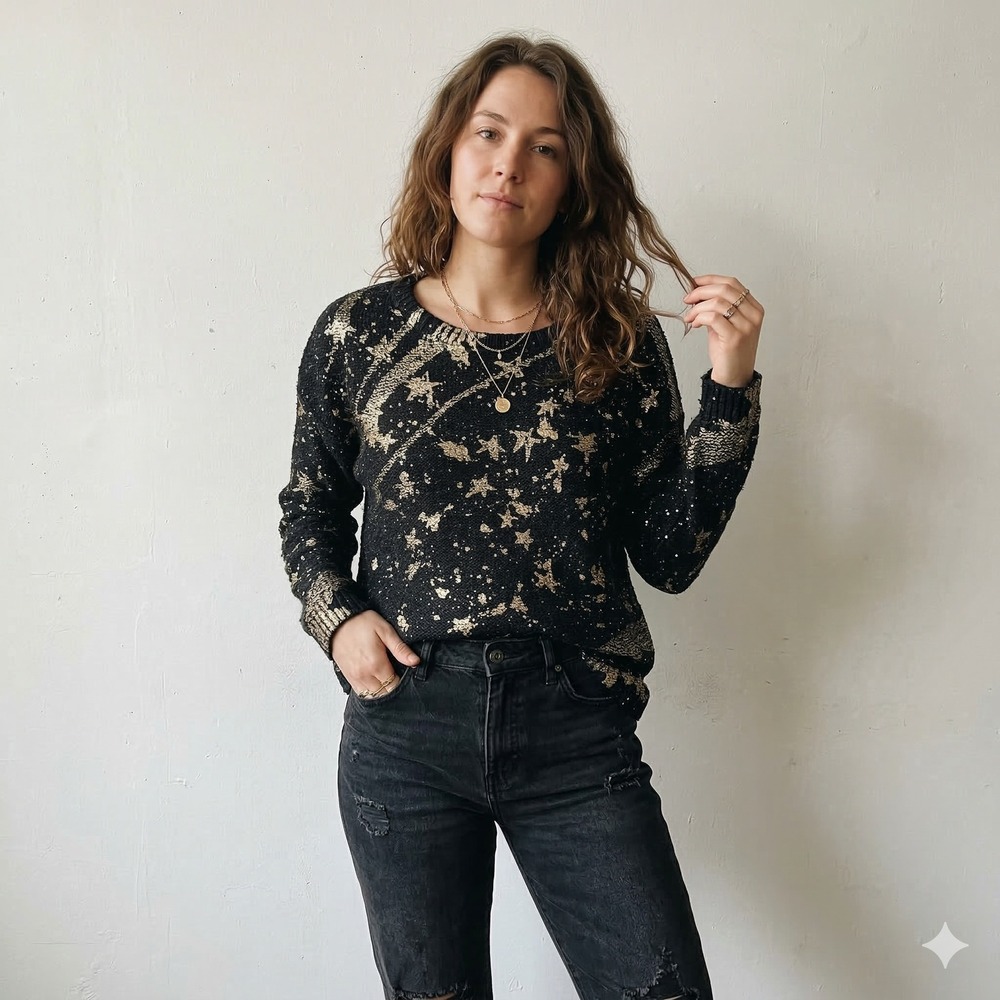 Desigual Sweater Womens‎ XL Black Gold Star Sequin Celestial Knit Metallic